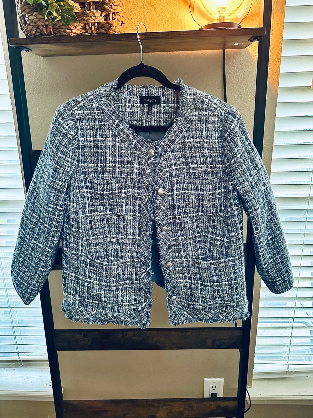 Talbots Blue & White Tweed Fringe Jacket Cotton Blend